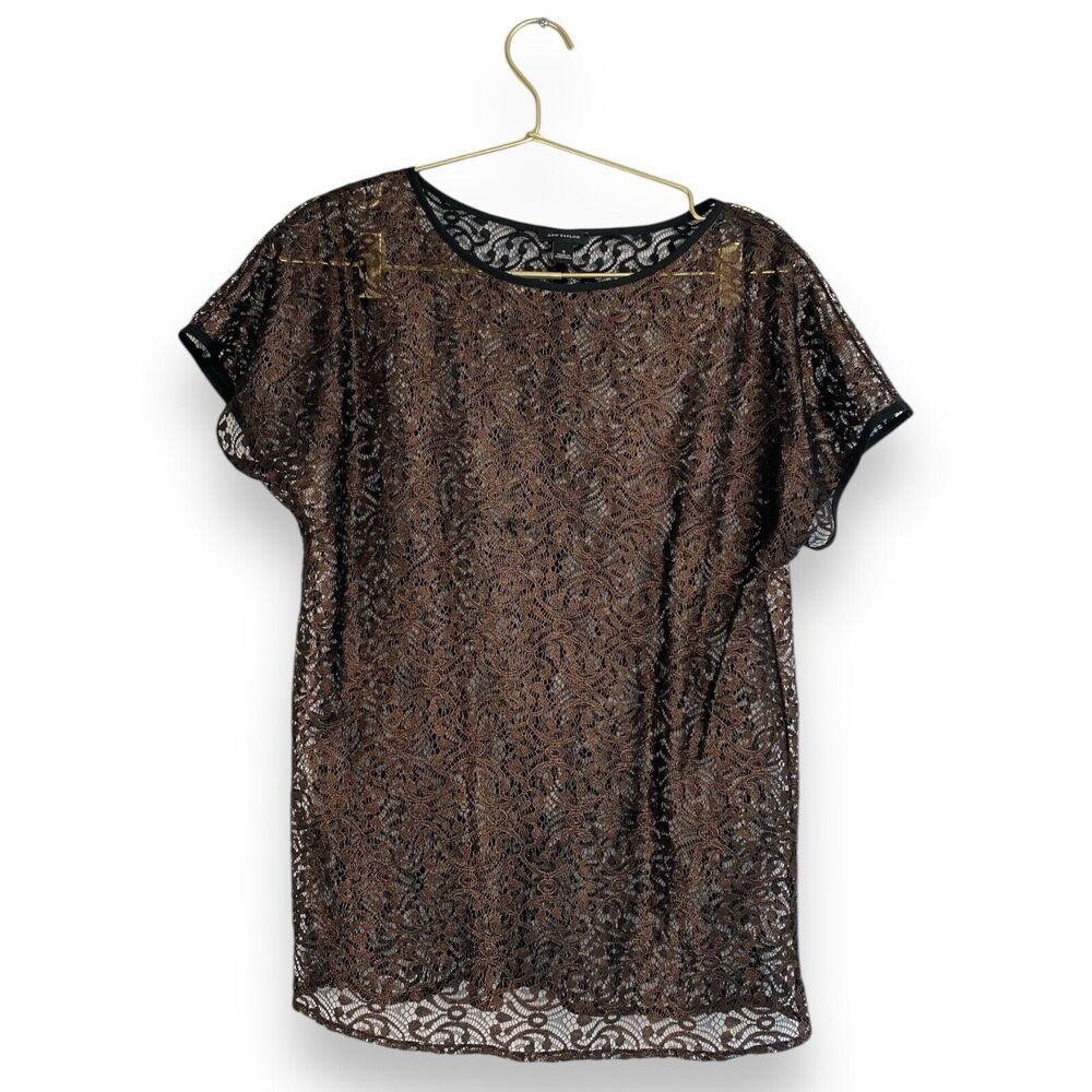 Ann Taylor Womens Metallic Bronze Black Lace Short Sleeve Blouse Top Small S